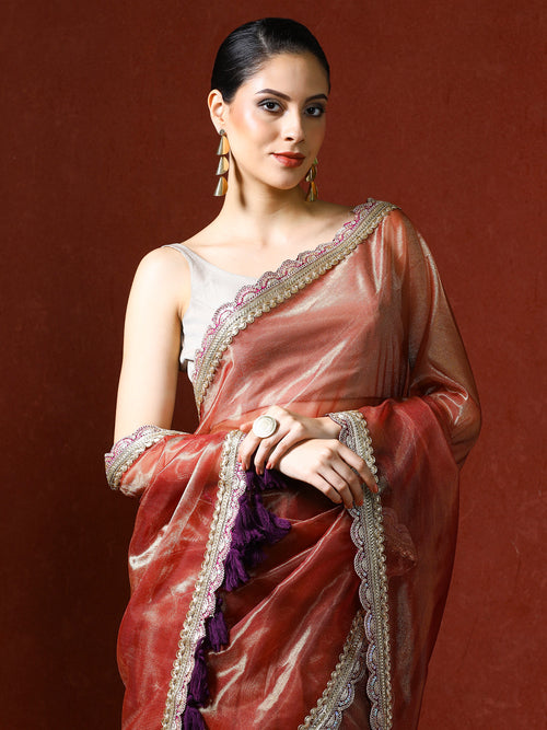 Embellished Satin Silk Sequinned With Tassles Saree in copper