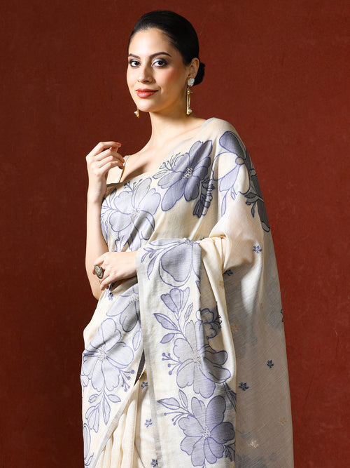 Floral Printed Chanderi Saree in grey