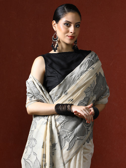 Floral Printed Chanderi Saree in black
