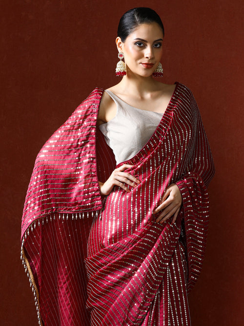 Women Sequinned Embellished Heavy Work Saree in red
