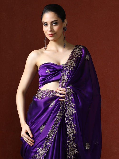 Ethnic Motifs Embroidered Sequinned Saree in purple
