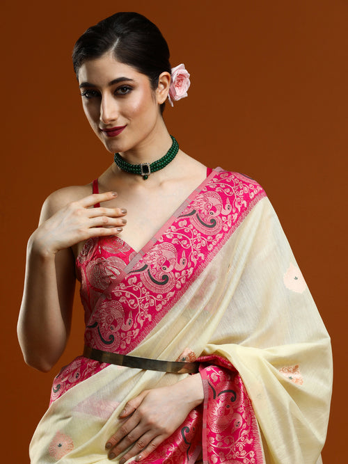 Sarha Ethnic Motifs Zari Banarasi Saree in Cream