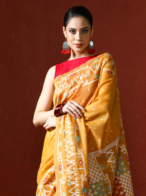 Handloom Geometric Woven Design Chanderi Saree in yellow