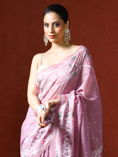 Handloom Geometric Woven Design Chanderi Saree in pink