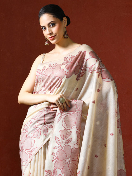 Floral Printed Chanderi Saree in red