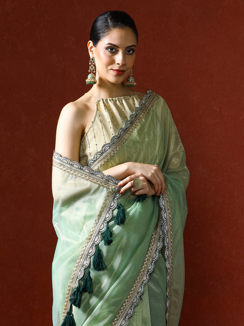 Embellished Satin Silk Sequinned With Tassles Saree in sea green