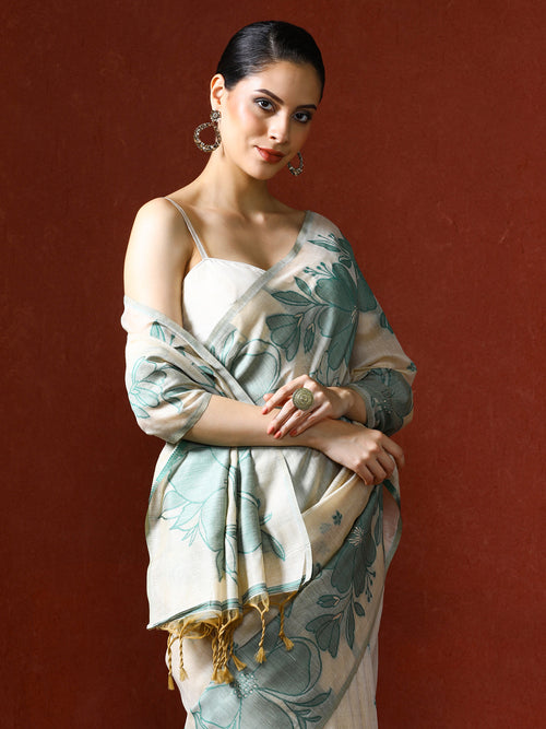 Floral Printed Chanderi Saree in green