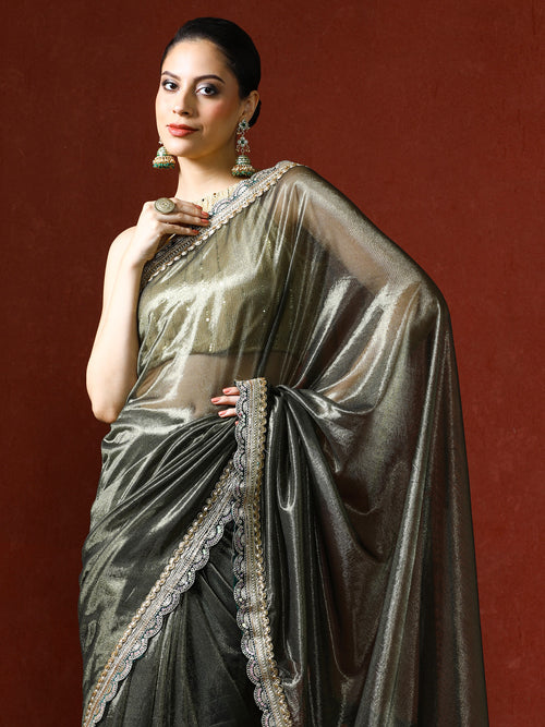Embellished Satin Silk Sequinned With Tassles Saree in green