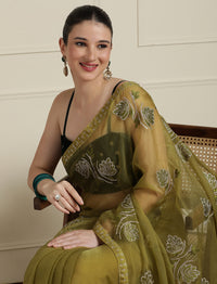 Floral Motif Embroidered Zari Wedding Saree in Green