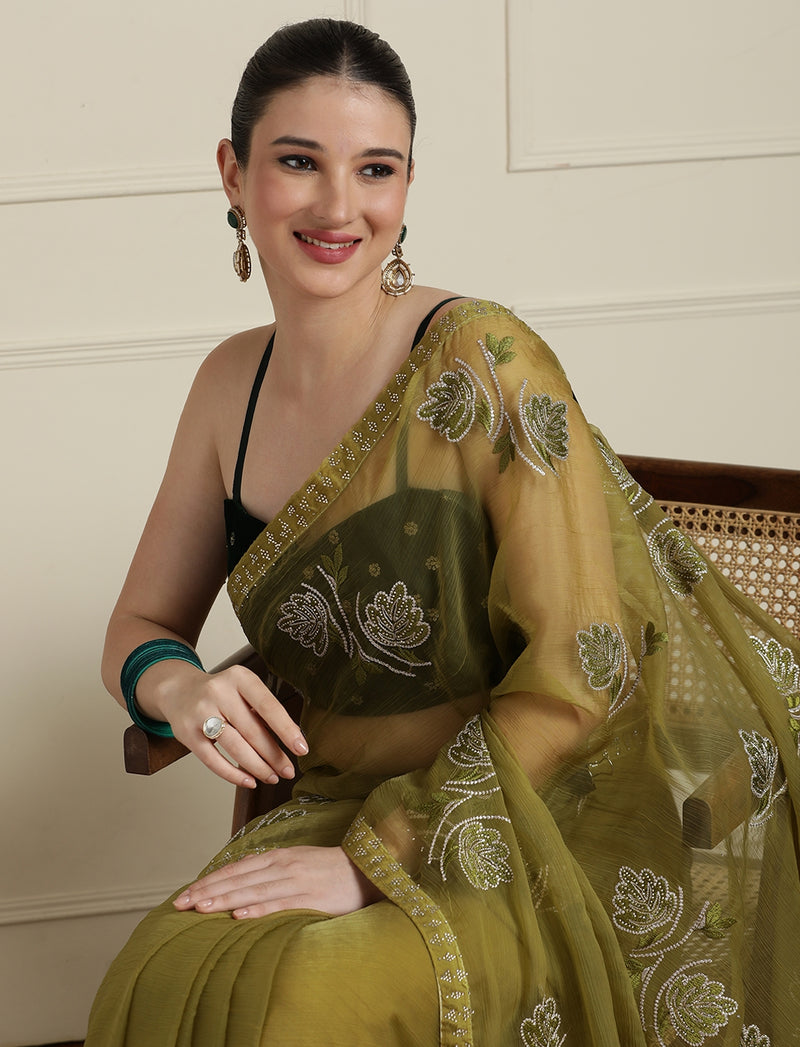 Floral Motif Embroidered Zari Wedding Saree in Green