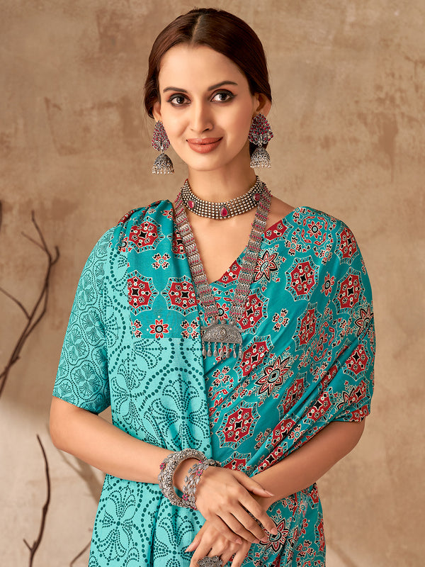 Vibrant Bandhej in Turquoise Blue