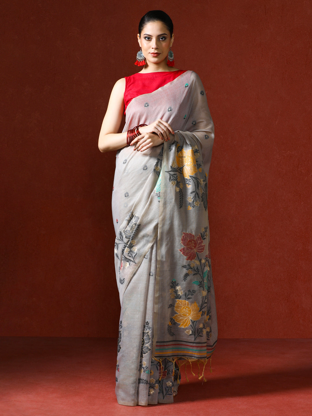 Floral Embellished Embroidered Chanderi Saree in grey