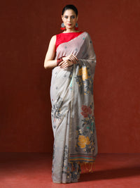 Floral Embellished Embroidered Chanderi Saree in grey