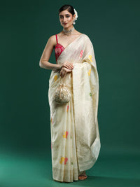 Woven Design Floral Chanderi Cotton Saree Cream