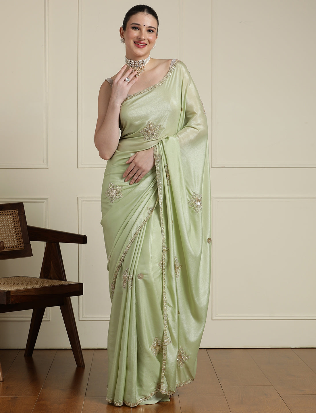 Embellished Sequinned Saree in Green