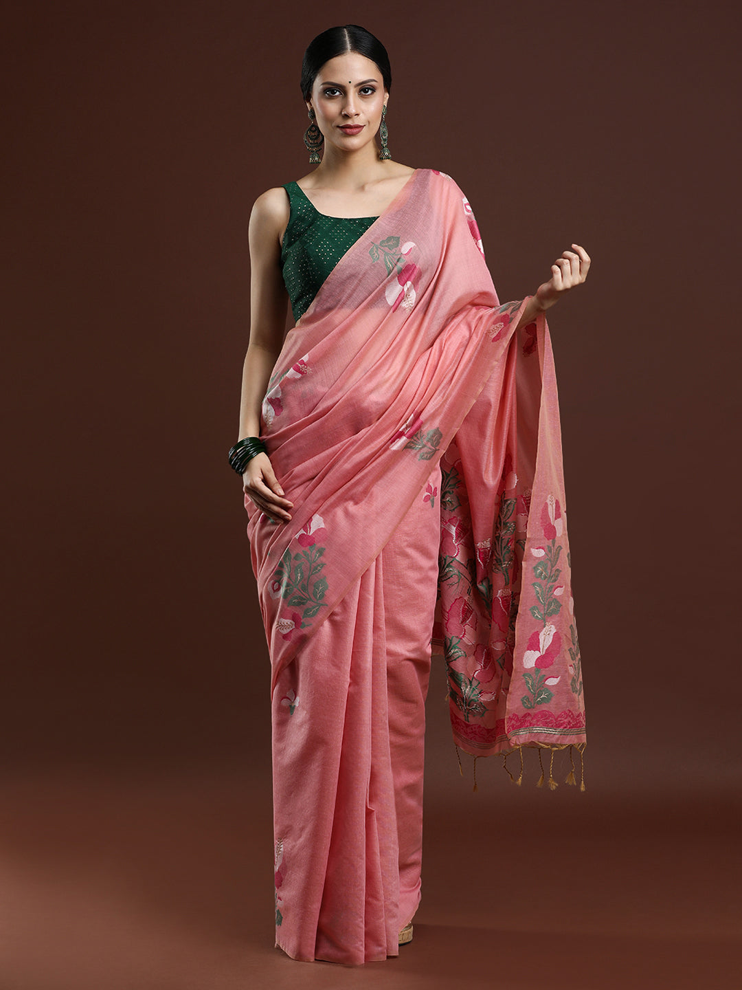 Woven Design Floral Muga Cotton Saree in Pink