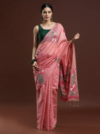 Woven Design Floral Muga Cotton Saree in Pink