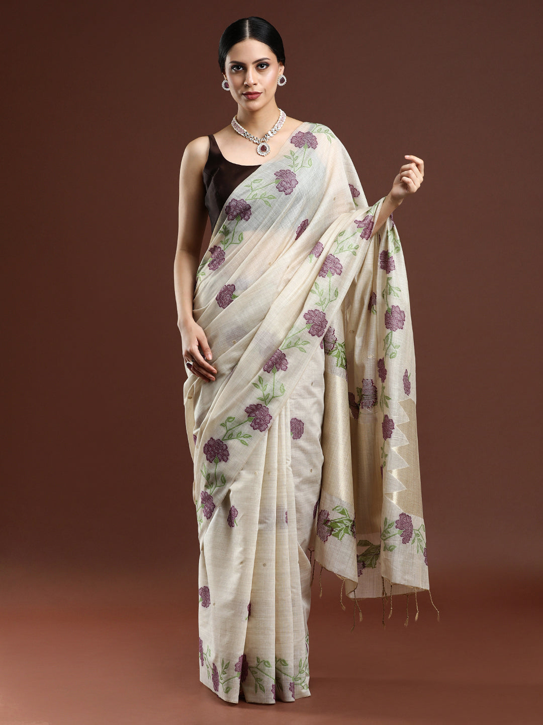 Woven Design Floral Muga Cotton Saree with Purple Motifs