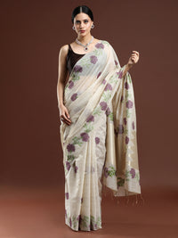Woven Design Floral Muga Cotton Saree with Purple Motifs