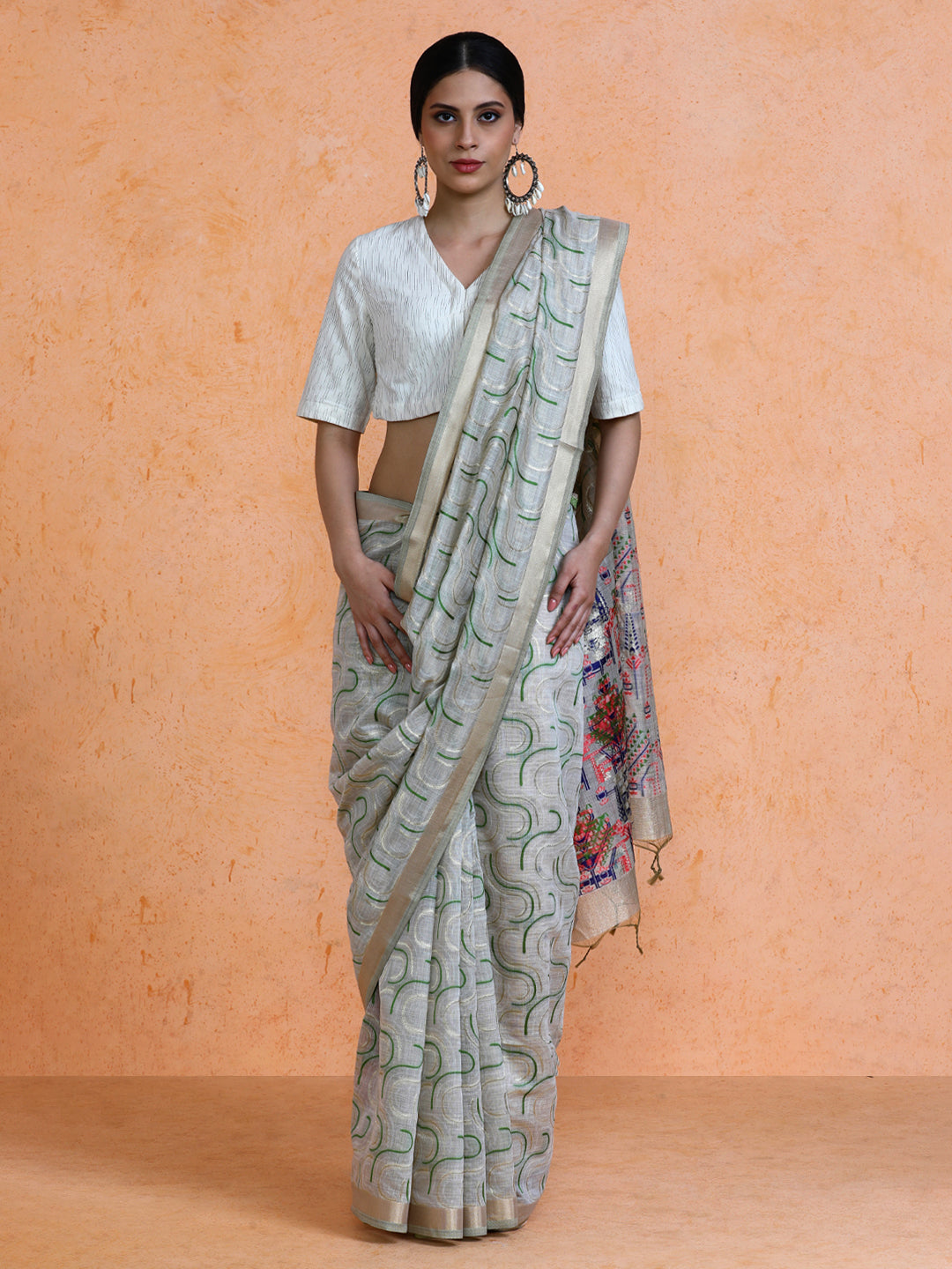 Zaika Cotton in Beige with Green Motifs