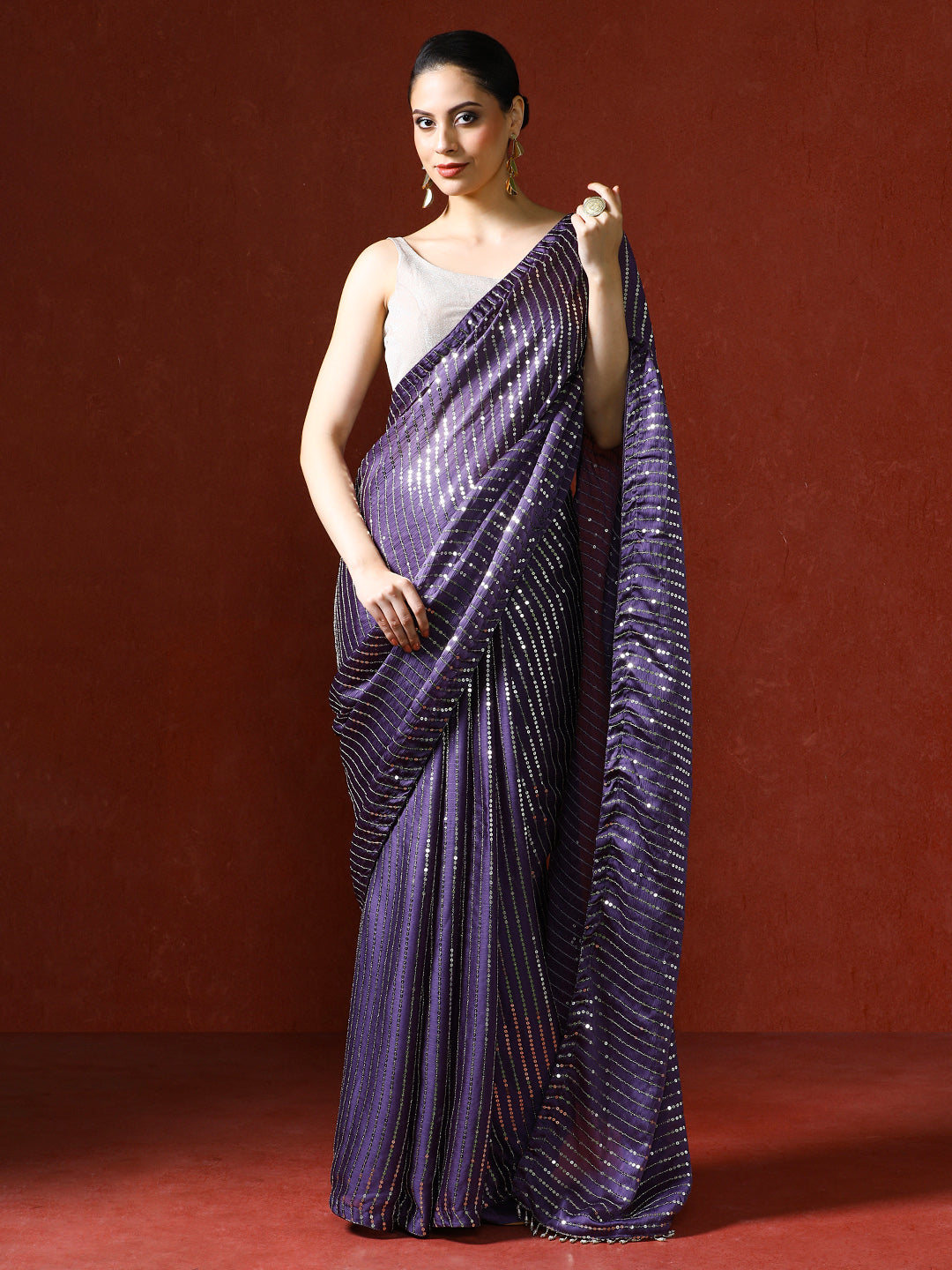 Women Sequinned Embellished Heavy Work Saree in purple