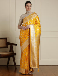 Ethnic Motif Woven Design Zari Banarasi Satin Silk Saree & Blouse Piece in Yellow