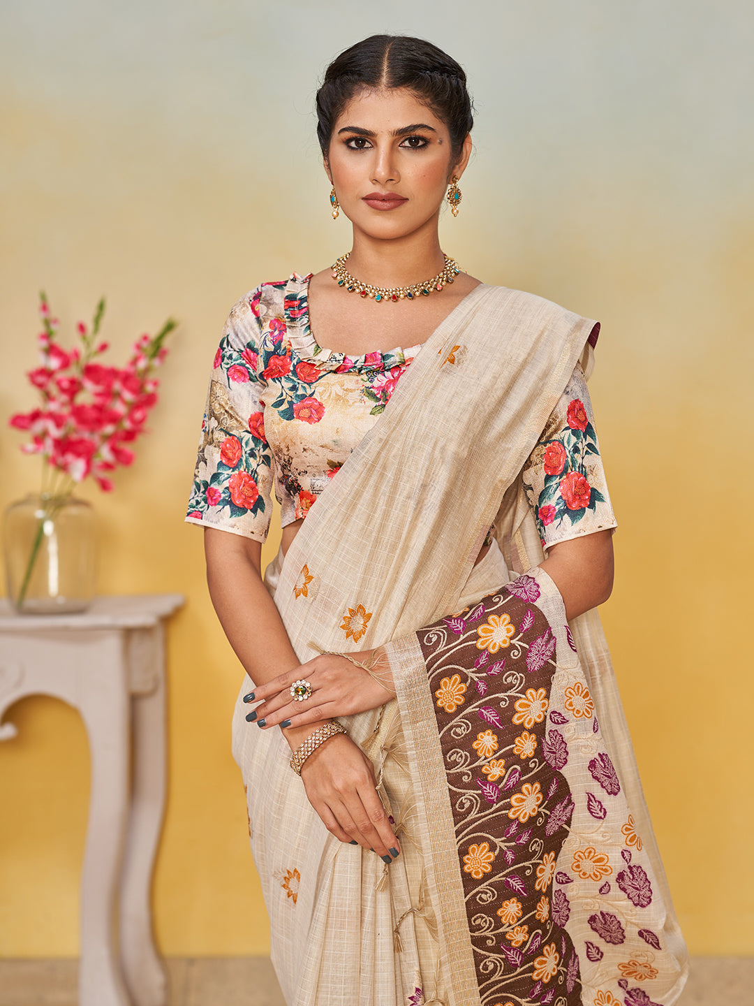 Sundari Cotton in Beige with Brown Motifs