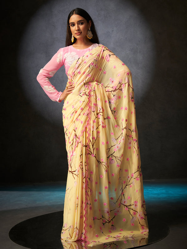 Basanti Bloom in Butter Yellow with Floral Motifs