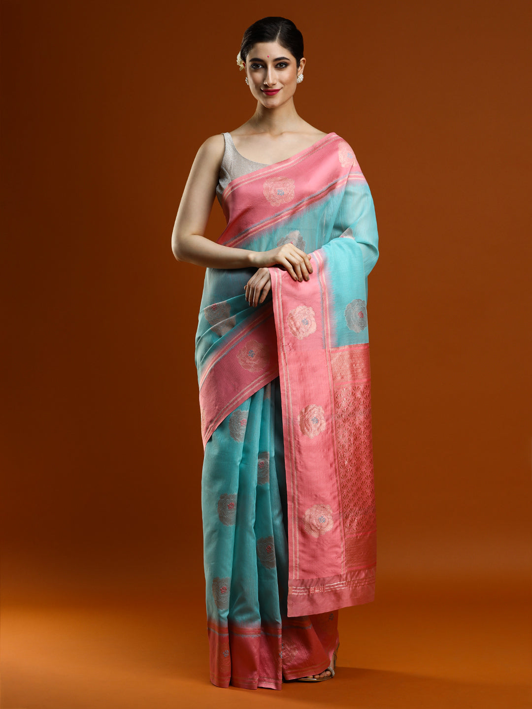 Sarha Ethnic Motifs Woven Muga Saree in Light Blue