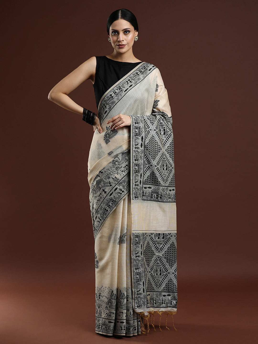 Woven Design Chanderi Cotton Saree with Black Motifs