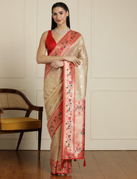 Ethnic Motifs Woven Design Paithani Sareee With Blouse Piece in Beige and Orange