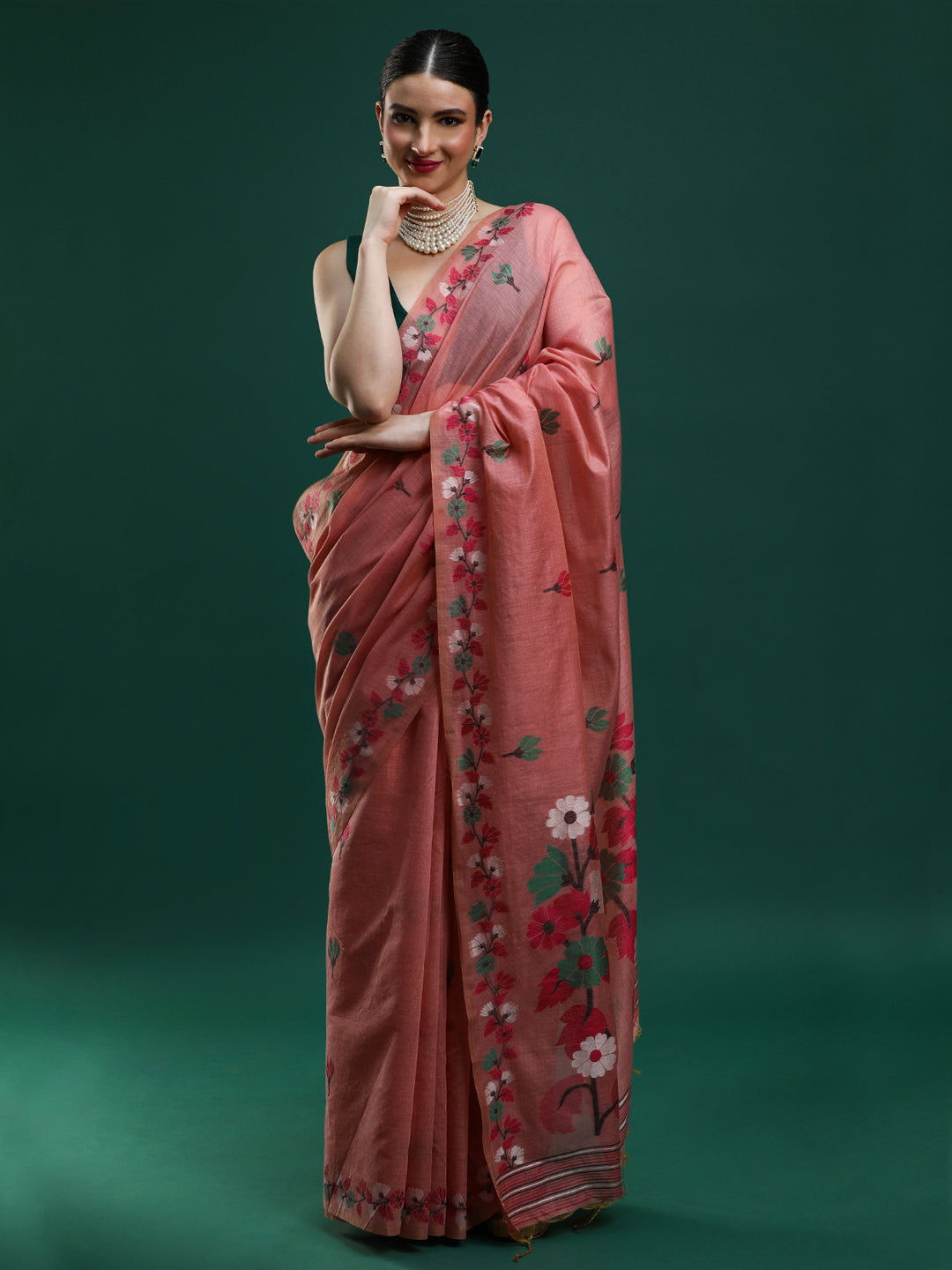 Sarha Floral Woven Design Zari Muga Saree in Pink