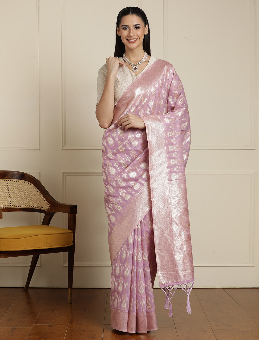 Ethnic Motifs Woven Design Muga Saree With Unstitched Blouse in Purple