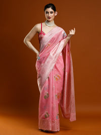 Sarha Women Floral Woven Design Zari Chanderi Saree in Pink