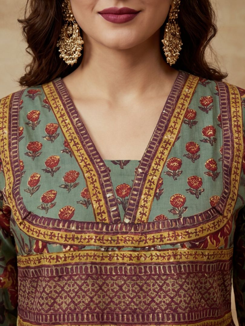 Printed V-Neck Kurta & Trousers With Dupatta