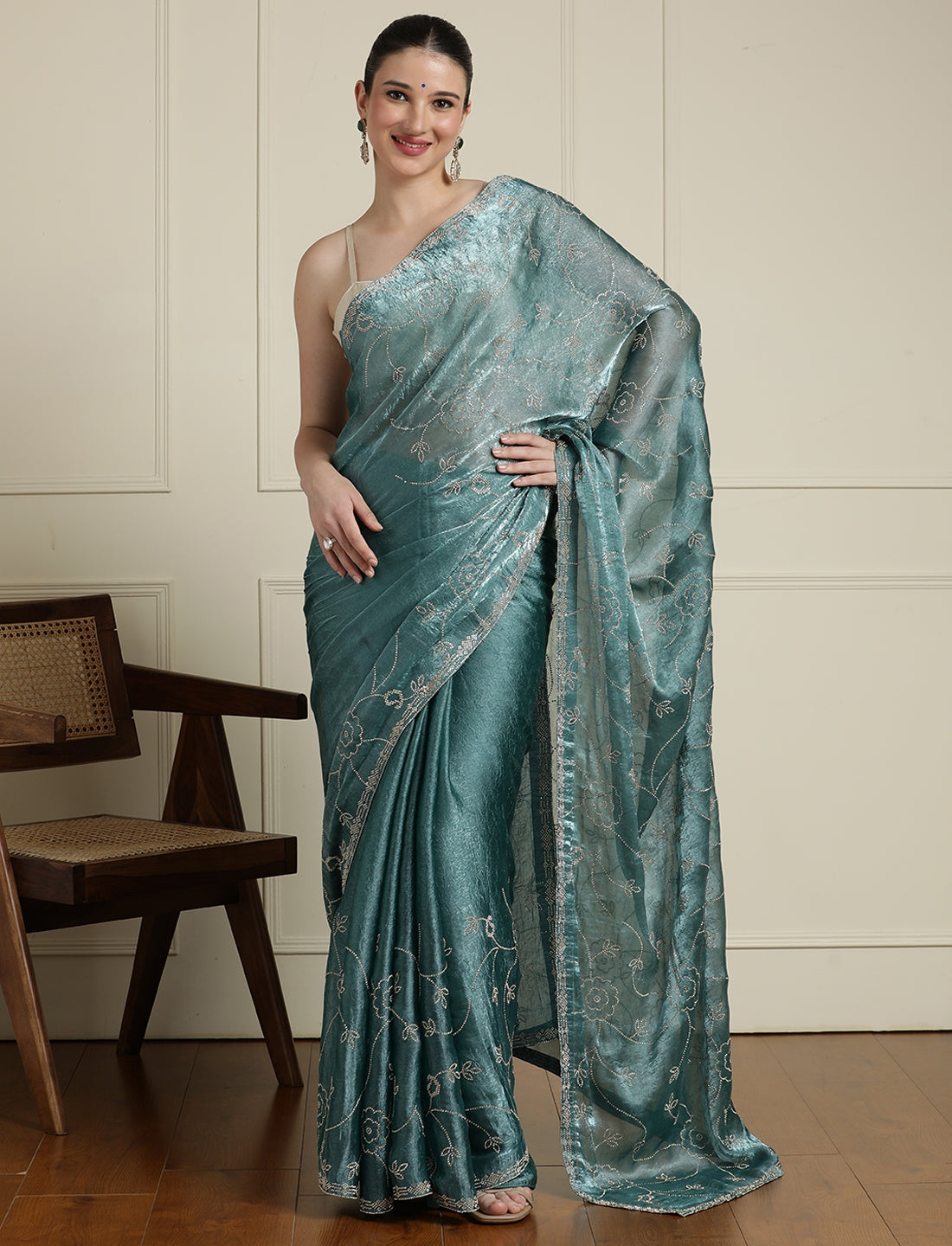 Embellished Saree With Unstitched Blouse in Blue