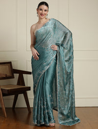 Embellished Saree With Unstitched Blouse in Blue