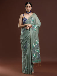 Woven Design Floral Muga Cotton Saree in Green