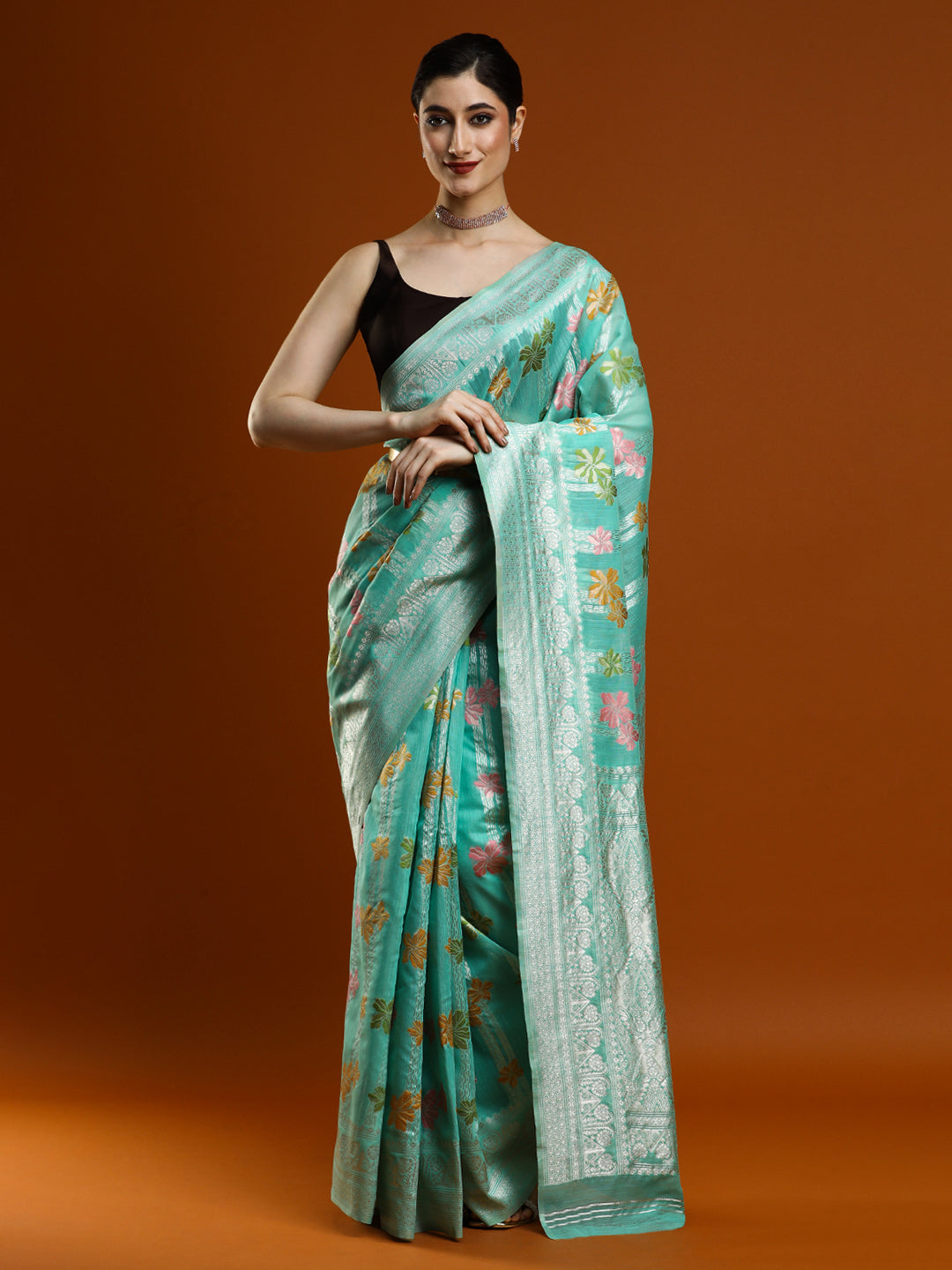 Sarha Ethnic Motifs Woven Design Zari Chanderi Saree in Sea Green