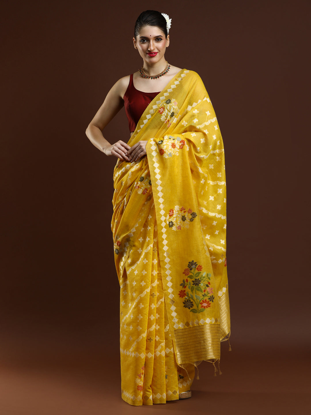Sarha Ethnic Motifs Woven Design Zari Banarasi Saree in Yellow