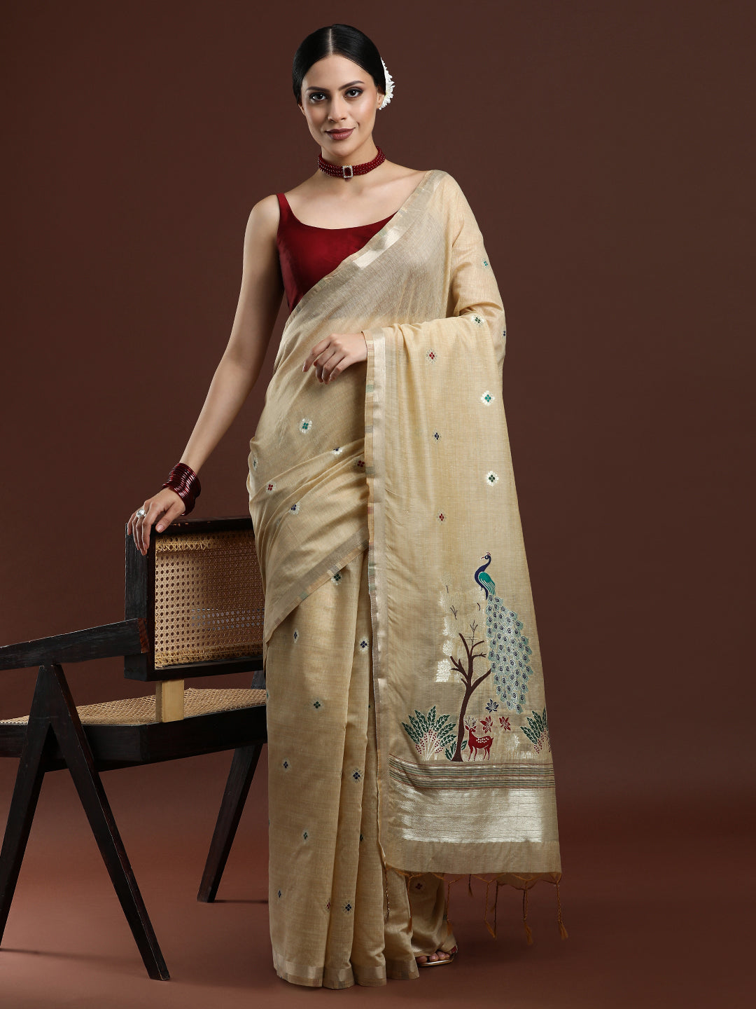Woven Design Floral Muga Cotton Saree in Beige