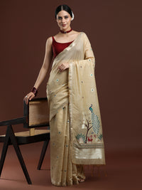 Woven Design Floral Muga Cotton Saree in Beige