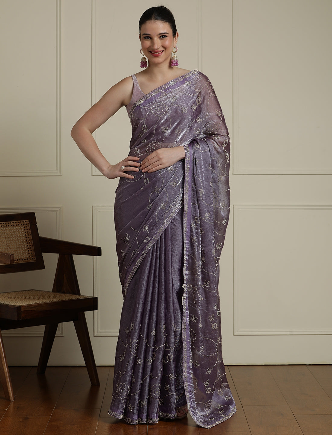 Embellished Saree With Unstitched Blouse in Purple