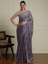 Embellished Saree With Unstitched Blouse in Purple