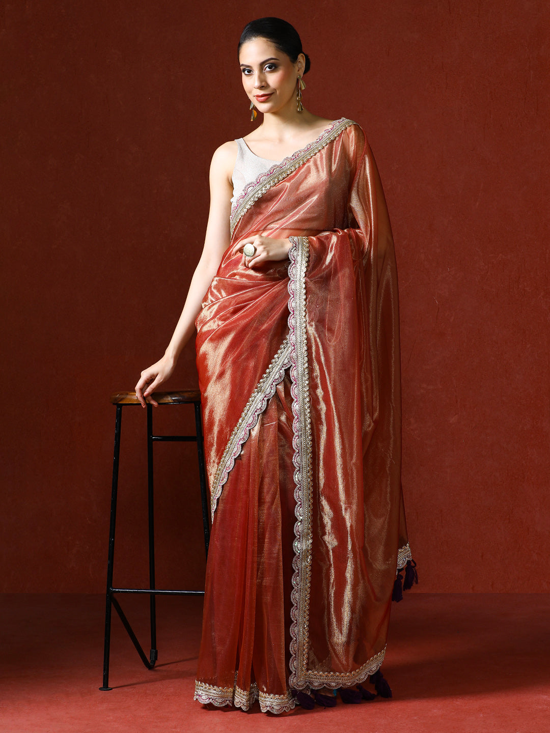 Embellished Satin Silk Sequinned With Tassles Saree in copper