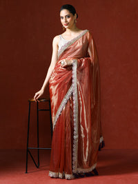 Embellished Satin Silk Sequinned With Tassles Saree in copper