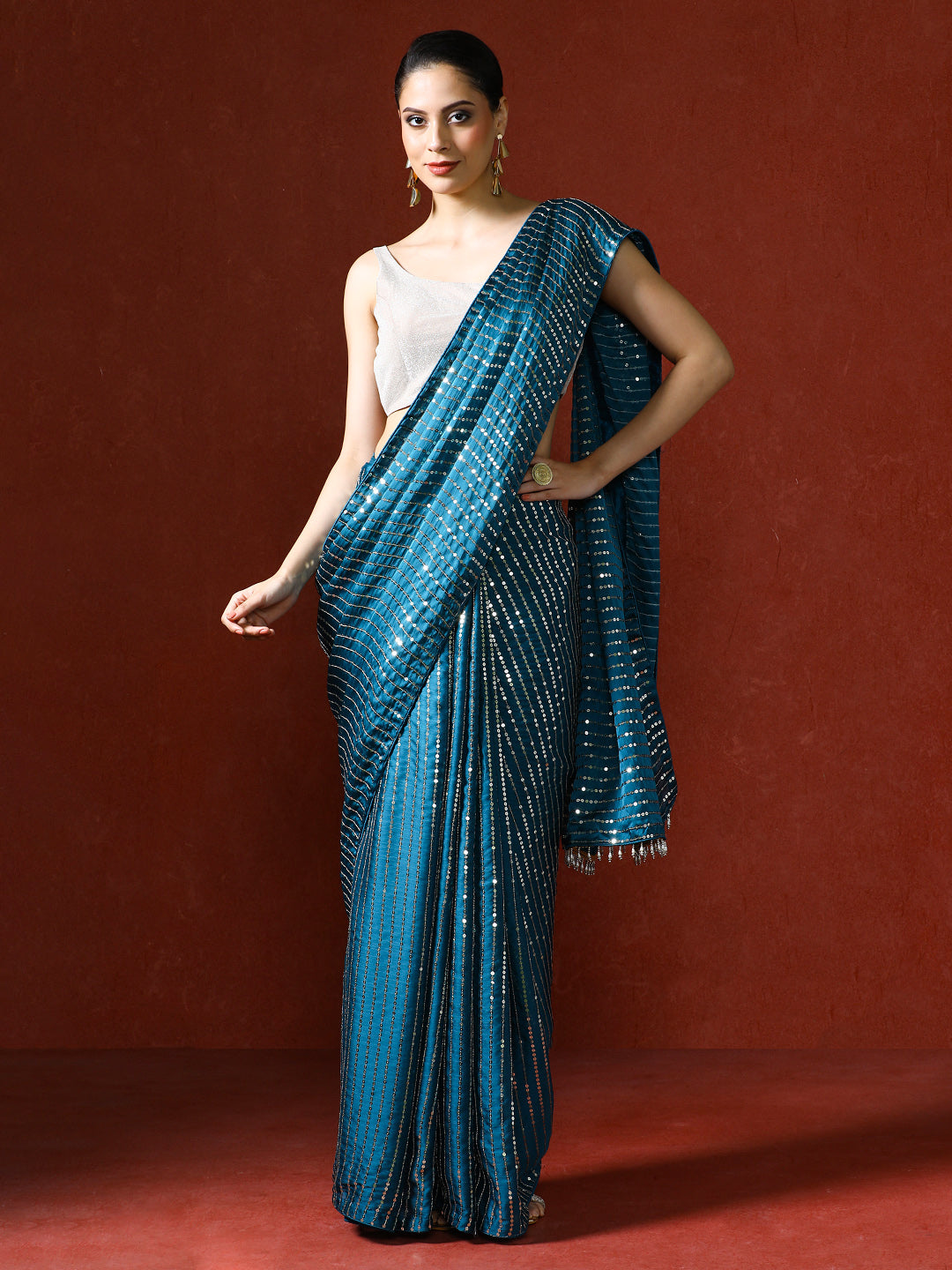 Women Sequinned Embellished Heavy Work Saree in blue