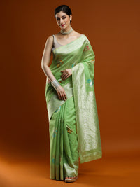 Sarha Ethnic Motifs Embroidered Zari Embroidered Chanderi Saree in Green