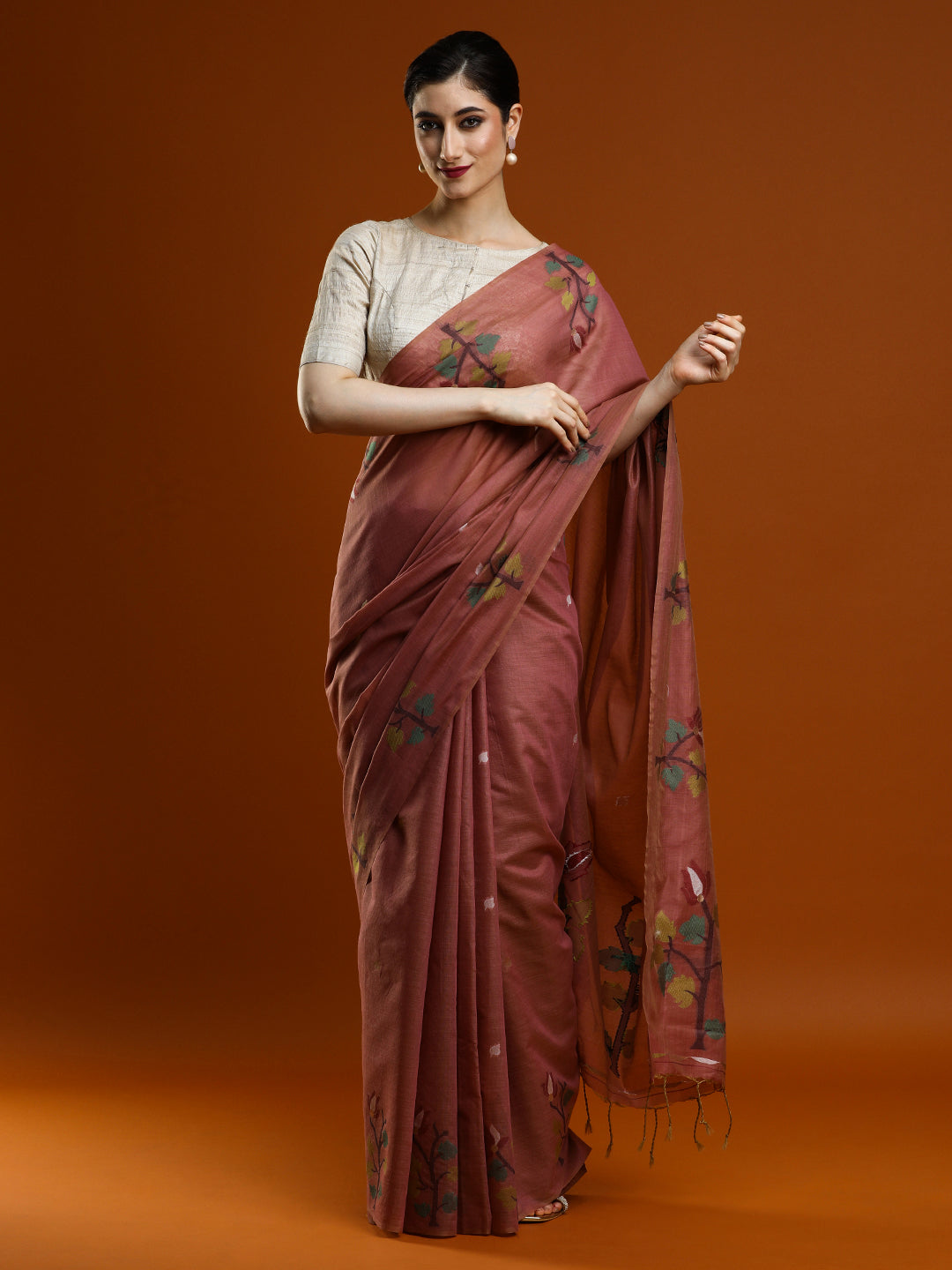 Sarha Women Floral Woven Design Zari Muga Saree in Rust Orange