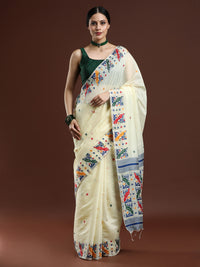 Woven Design Ethnic Motif Muga Cotton Saree in Cream